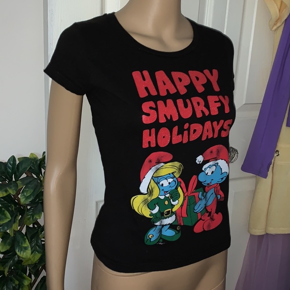 Smurfs Christmas black red t-shirt top S - Picture 3 of 9